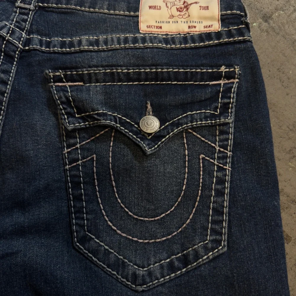 True Religion Ricky Relaxed Straight Jeans Blue Contrast Stitch Mens 33x31